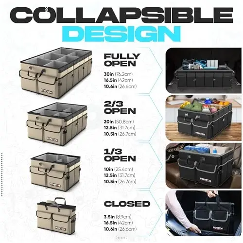 FORTEM Trunk Organizer with Cooler For SUV Car Trunk, Foldable Storage, Car Accessories for Women Men, Collapsible Multi Compartment, 600D Oxford, Non Slip Bottom, Securing Straps, Soft Cover (105L) - 6