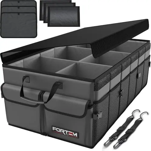 FORTEM Avtomobil yukxona tashkilotchisi, Yig'iladigan ko'p bo'limli SUV tashkilotchisi, Ayollar va erkaklar uchun avtomobil aksessuarlari uchun yig'iladigan saqlash, 600D Oxford, Sirpanmaydigan pastki qism, Mahkamlovchi tasmalar, Yumshoq qopqoq (85L) - 1