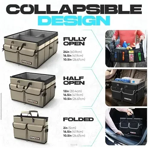 FORTEM Car Trunk Organizer, Collapsible Multi Compartment Car Organizer, Foldable SUV Storage for Car Accessories for Women Men, Non Slip Bottom, Securing Straps, Soft Cover 50L (Beige, Standard) - 2