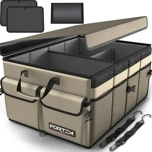 FORTEM Car Trunk Organizer, Collapsible Multi Compartment Car Organizer, Foldable SUV Storage for Car Accessories for Women Men, Non Slip Bottom, Securing Straps, Soft Cover 50L (Beige, Standard) - 3