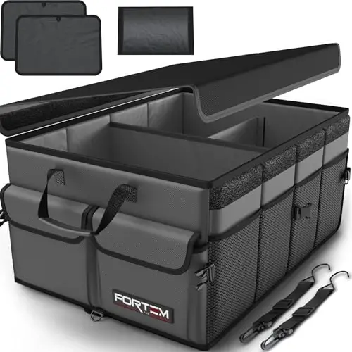 FORTEM Car Trunk Organizer, Collapsible Multi Compartment Car Organizer, Foldable SUV Storage for Car Accessories for Women Men, Non Slip Bottom, Securing Straps, Soft Cover 65L (Grey, Large) 