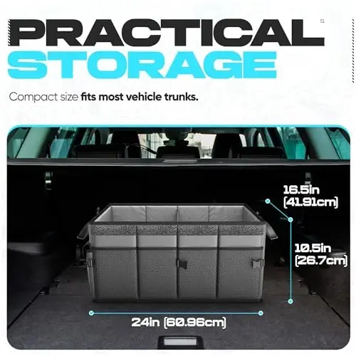 FORTEM Car Trunk Organizer, Collapsible Multi Compartment Car Organizer, Foldable SUV Storage for Car Accessories for Women Men, Non Slip Bottom, Securing Straps, Soft Cover 65L (Grey, Large) - 4