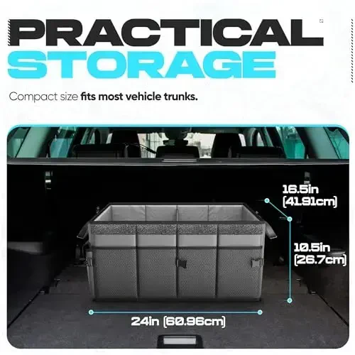 FORTEM Car Trunk Organizer, Collapsible Multi Compartment Car Organizer, Foldable SUV Storage for Car Accessories for Women Men, Non Slip Bottom, Securing Straps, Soft Cover 65L (Grey, Large) - 3