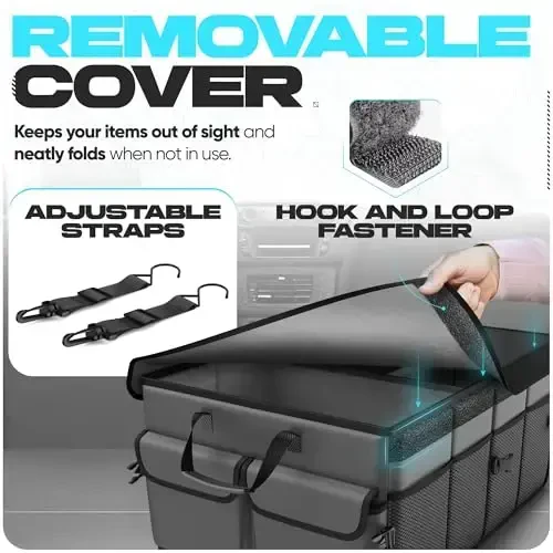 FORTEM Car Trunk Organizer, Collapsible Multi Compartment Car Organizer, Foldable SUV Storage for Car Accessories for Women Men, Non Slip Bottom, Securing Straps, Soft Cover 65L (Grey, Large) - 4