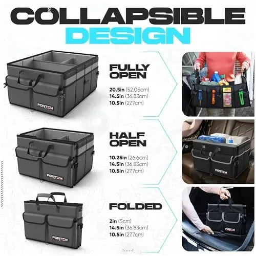 FORTEM Car Trunk Organizer, Collapsible Multi Compartment SUV Organizer, Foldable Storage for Car Accessories for Women Men, 600D Oxford, Non Slip Bottom, Securing Straps, Soft Cover (50L) - 6