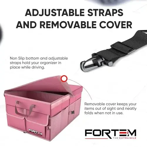 FORTEM Car Trunk Organizer, Collapsible Multi Compartment SUV Organizer, Foldable Storage for Car Accessories for Women Men, 600D Oxford, Non Slip Bottom, Securing Straps, Soft Cover (65L) - 5