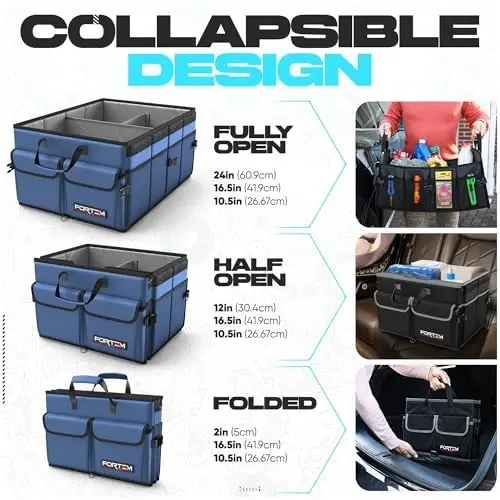 FORTEM Car Trunk Organizer, Collapsible Multi Compartment SUV Organizer, Foldable Storage for Car Accessories for Women Men, 600D Oxford, Non Slip Bottom, Securing Straps, Soft Cover (65L) - 6