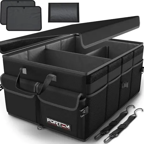 FORTEM Car Trunk Organizer, Collapsible Multi Compartment SUV Organizer, Foldable Storage for Car Accessories for Women Men, 600D Oxford, Non Slip Bottom, Securing Straps, Soft Cover (65L) 