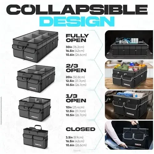 FORTEM Car Trunk Organizer, Collapsible Multi Compartment SUV Organizer, Foldable Storage for Car Accessories for Women Men, 600D Oxford, Non Slip Bottom, Securing Straps, Soft Cover (85L) - 6