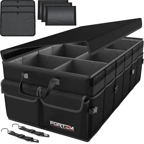 FORTEM Car Trunk Organizer, Collapsible Multi Compartment SUV Organizer, Foldable Storage for Car Accessories for Women Men, 600D Oxford, Non Slip Bottom, Securing Straps, Soft Cover (85L) - 1