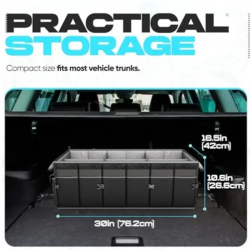 FORTEM Car Trunk Organizer, Collapsible Multi Compartment SUV Organizer, Foldable Storage for Car Accessories for Women Men, 600D Oxford, Non Slip Bottom, Securing Straps, Soft Cover (85L) - 4