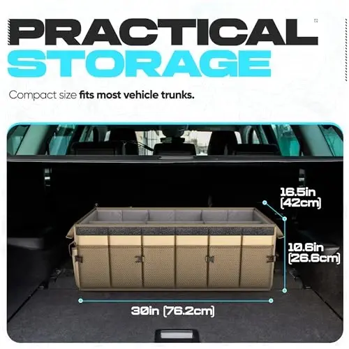 FORTEM Car Trunk Organizer, Collapsible Multi Compartment SUV Organizer, Foldable Storage for Car Accessories for Women Men, 600D Oxford, Non Slip Bottom, Securing Straps, Soft Cover (85L) - 3