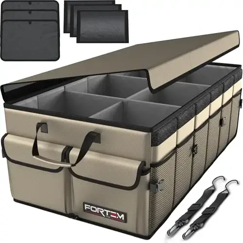 FORTEM Car Trunk Organizer, Collapsible Multi Compartment SUV Organizer, Foldable Storage for Car Accessories for Women Men, 600D Oxford, Non Slip Bottom, Securing Straps, Soft Cover (85L) - 1