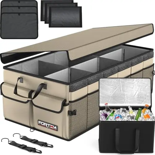 FORTEM Car Trunk Organizer with Cooler, Collapsible Multi Compartment SUV Organizer, Foldable Storage for Car Accessories for Women Men, 600D Oxford, Non Slip Bottom, Securing Straps Soft Cover (105L) 