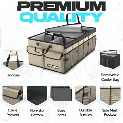 FORTEM Car Trunk Organizer with Cooler, Collapsible Multi Compartment SUV Organizer, Foldable Storage for Car Accessories for Women Men, 600D Oxford, Non Slip Bottom, Securing Straps Soft Cover (105L) - FORTEM (1)