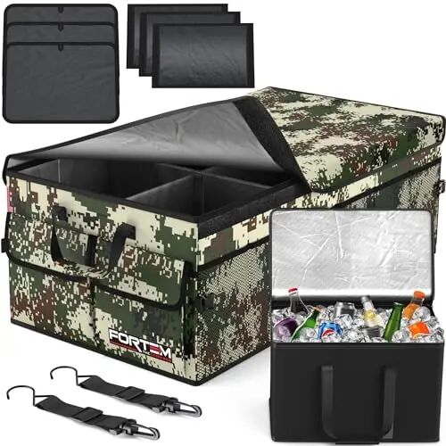 FORTEM Car Trunk Organizer with Cooler, Collapsible Multi Compartment SUV Organizer, Foldable Storage for Car Accessories for Women Men, 600D Oxford, Non Slip Bottom, Securing Straps Soft Cover (105L) - FORTEM