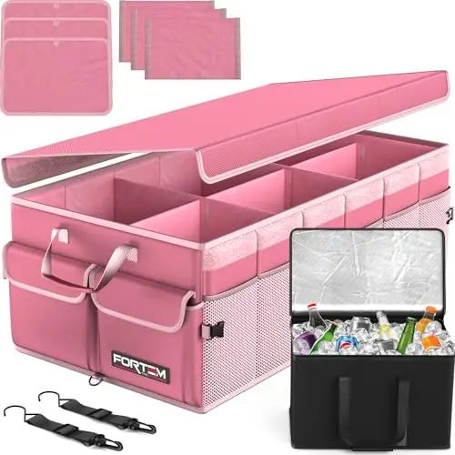 FORTEM Car Trunk Organizer with Cooler, Collapsible Multi Compartment SUV Organizer, Foldable Storage for Car Accessories for Women Men, 600D Oxford, Non Slip Bottom, Securing Straps Soft Cover (105L) 