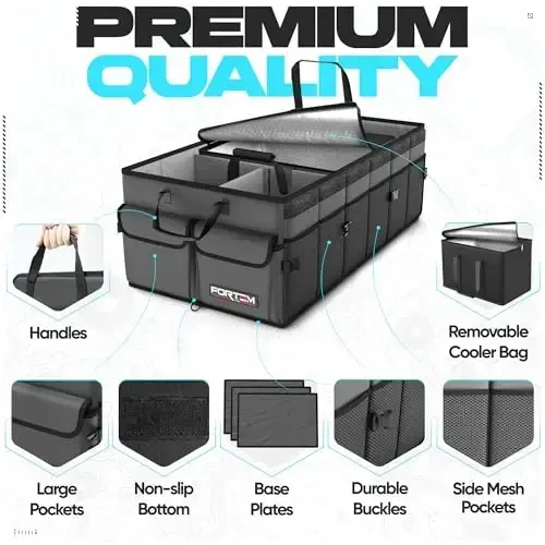 FORTEM Car Trunk Organizer with Cooler, Collapsible Multi Compartment SUV Organizer, Foldable Storage for Car Accessories for Women Men, 600D Oxford, Non Slip Bottom, Securing Straps Soft Cover (105L) - 2