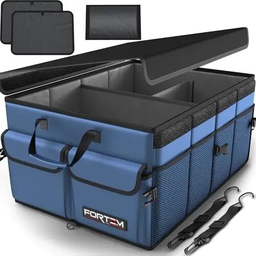FORTEM Trunk Organizer - Foldable Car Organizer & Storage for SUVs & Trucks | Car Accessories for Men Women, Collapsible Bag, Non Slip Bottom, Straps, Soft Cover, 600D Oxford, Blue, 3 Compartments, 50L - FORTEM