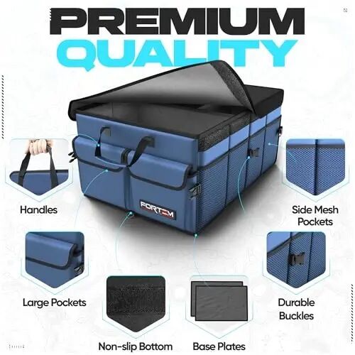 FORTEM Trunk Organizer - Foldable Car Organizer & Storage for SUVs & Trucks | Car Accessories for Men Women, Collapsible Bag, Non Slip Bottom, Straps, Soft Cover, 600D Oxford, Blue, 3 Compartments, 50L - FORTEM (1)
