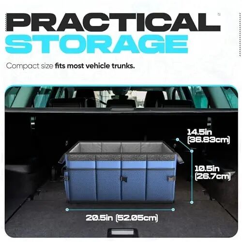 FORTEM Trunk Organizer - Foldable Car Organizer & Storage for SUVs & Trucks | Car Accessories for Men Women, Collapsible Bag, Non Slip Bottom, Straps, Soft Cover, 600D Oxford, Blue, 3 Compartments, 50L - 4
