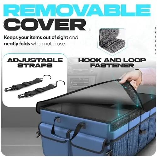 FORTEM Trunk Organizer - Foldable Car Organizer & Storage for SUVs & Trucks | Car Accessories for Men Women, Collapsible Bag, Non Slip Bottom, Straps, Soft Cover, 600D Oxford, Blue, 3 Compartments, 50L - 5