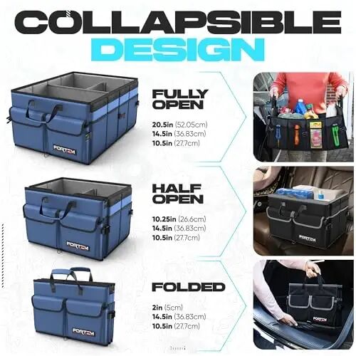 FORTEM Trunk Organizer - Foldable Car Organizer & Storage for SUVs & Trucks | Car Accessories for Men Women, Collapsible Bag, Non Slip Bottom, Straps, Soft Cover, 600D Oxford, Blue, 3 Compartments, 50L - 6
