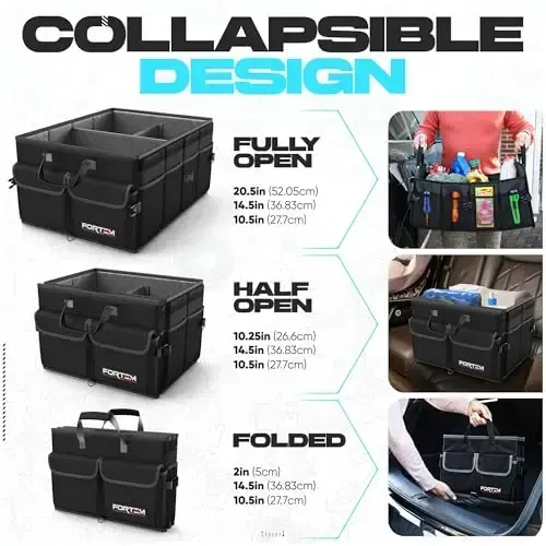 FORTEM Trunk Organizer For SUV Car Trunk Organizer, Foldable Storage, Car Accessories for Women Men, Collapsible Multi Compartment, 600D Oxford, Non Slip Bottom, Securing Straps, Soft Cover (50L) - 6