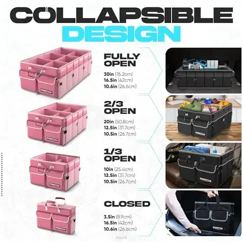 FORTEM Trunk Organizer For SUV Car Trunk Organizer, Foldable Storage, Car Accessories for Women Men, Collapsible Multi Compartment, 600D Oxford, Non Slip Bottom, Securing Straps, Soft Cover (85L) - 6
