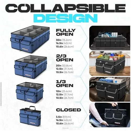 FORTEM Trunk Organizer with Cooler For SUV Car Trunk, Foldable Storage, Car Accessories for Women Men, Collapsible Multi Compartment, 600D Oxford, Non Slip Bottom, Securing Straps, Soft Cover (105L) - 6
