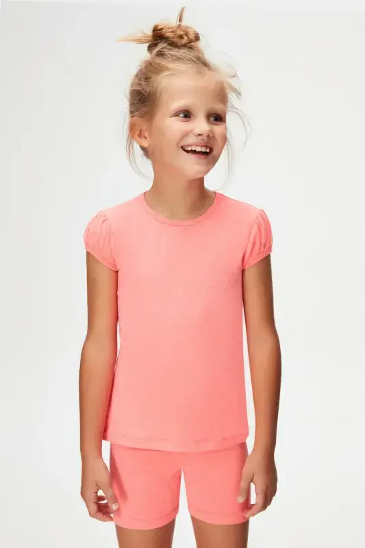 Fosfor Fuchsiya Asosiy Qiz Bolalar Nol Bo'yin Tarvuz Yengli Futbolka-NEON FUCHSIA - 2