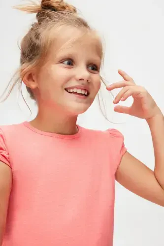 Fosfor Fuchsiya Asosiy Qiz Bolalar Nol Bo'yin Tarvuz Yengli Futbolka-NEON FUCHSIA - 5