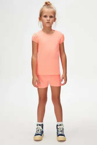 Fosfor toʻq sariq Asosiy qiz bolalar uchun nol yoqali tarvuz yengli futbolka - NEON CORAL 