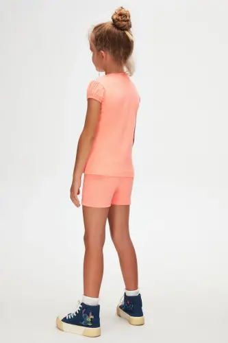 Fosfor toʻq sariq Asosiy qiz bolalar uchun nol yoqali tarvuz yengli futbolka - NEON CORAL - 4