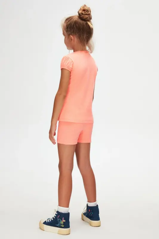 Fosfor toʻq sariq Asosiy qiz bolalar uchun nol yoqali tarvuz yengli futbolka - NEON CORAL - 4