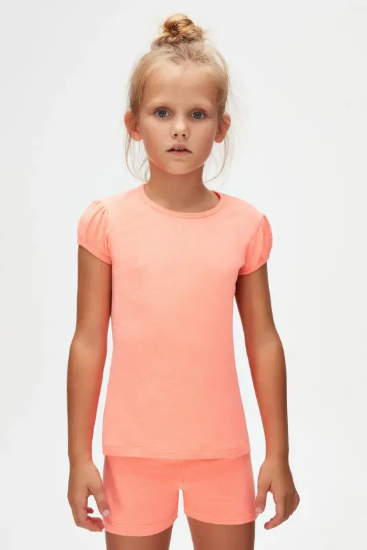 Fosfor Turuncu Basic Kız Çocuk Sıfır Yaka Karpuz Kol Tişört-NEON CORAL - 2