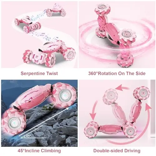 Fosgoit Pink RC Car Toys for Girls Aged 6-12, Gesture Sensing RC Stunt Cars with Lights Music for Girl Birthday Xmas Gifts, 2.4GHz 4WD Pink Remote Control Toy Double-Side Flip 360° All-Round Rotation - 5
