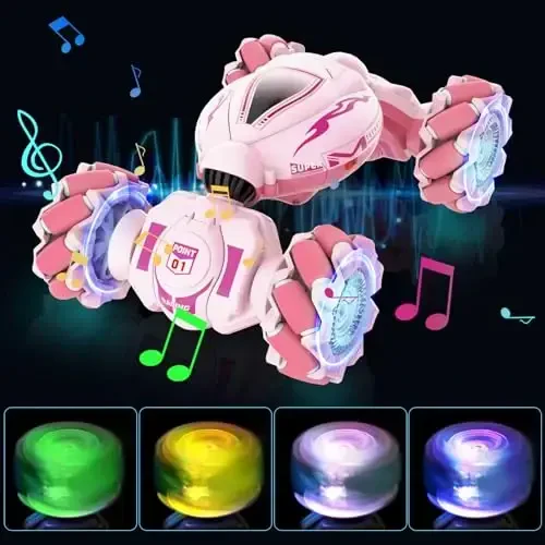 Fosgoit Pink RC Car Toys for Girls Aged 6-12, Gesture Sensing RC Stunt Cars with Lights Music for Girl Birthday Xmas Gifts, 2.4GHz 4WD Pink Remote Control Toy Double-Side Flip 360° All-Round Rotation - 2