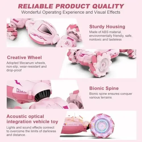 Fosgoit Pink RC Car Toys for Girls Aged 6-12, Gesture Sensing RC Stunt Cars with Lights Music for Girl Birthday Xmas Gifts, 2.4GHz 4WD Pink Remote Control Toy Double-Side Flip 360° All-Round Rotation - 3