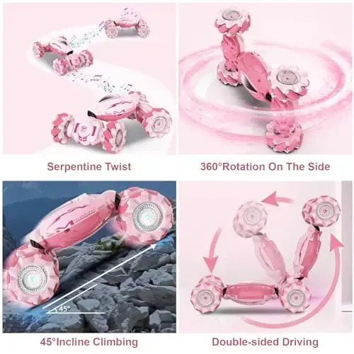 Fosgoit Pink RC Car Toys for Girls Aged 6-12, Gesture Sensing RC Stunt Cars with Lights Music for Girl Birthday Xmas Gifts, 2.4GHz 4WD Pink Remote Control Toy Double-Side Flip 360° All-Round Rotation - 5
