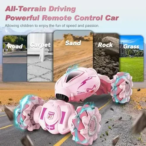 Fosgoit Pink RC Car Toys for Girls Aged 6-12, Gesture Sensing RC Stunt Cars with Lights Music for Girl Birthday Xmas Gifts, 2.4GHz 4WD Pink Remote Control Toy Double-Side Flip 360° All-Round Rotation - 6