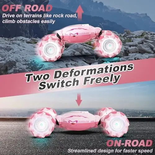 Fosgoit Pink RC Car Toys for Girls Aged 6-12, Gesture Sensing RC Stunt Cars with Lights Music for Girl Birthday Xmas Gifts, 2.4GHz 4WD Pink Remote Control Toy Double-Side Flip 360° All-Round Rotation - 4