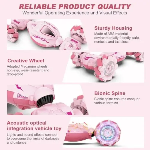 Fosgoit Pink RC Car Toys for Girls Aged 6-12, Gesture Sensing RC Stunt Cars with Lights Music for Girl Birthday Xmas Gifts, 2.4GHz 4WD Pink Remote Control Toy Double-Side Flip 360° All-Round Rotation - 3