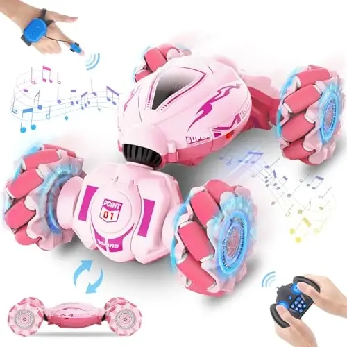 Fosgoit Pink RC Car Toys for Girls Aged 6-12, Gesture Sensing RC Stunt Cars with Lights Music for Girl Birthday Xmas Gifts, 2.4GHz 4WD Pink Remote Control Toy Double-Side Flip 360° All-Round Rotation - FOSGOIT