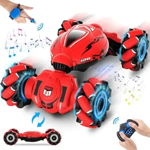 Fosgoit RC Car Toys for Boys Girls 6-12, Birthday Xmas Gifts for 6 7 8 9 10 11 12 Years Old, Gesture Sensing RC Stunt Car with Lights Music 2.4GHz 4WD Hand Remote Control 360° Rotate All-Round Drift 