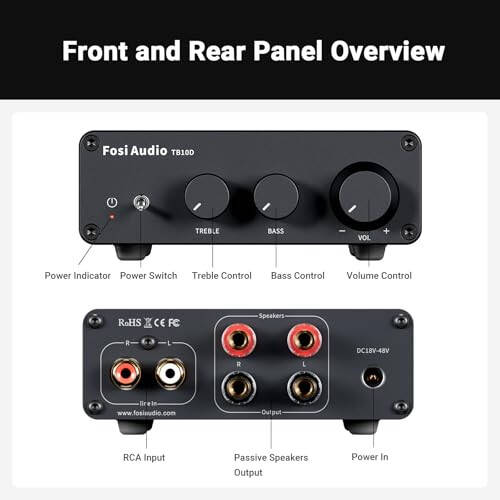 Fosi Audio TB10D 2 Channel Stereo Amplifier, Class D Mini Power Integrated Amplifiers 600W for Passive Speakers/Bass Shaker, Home Audio Component Desktop Amp Receiver TPA3255 with Bass Treble Control - 4