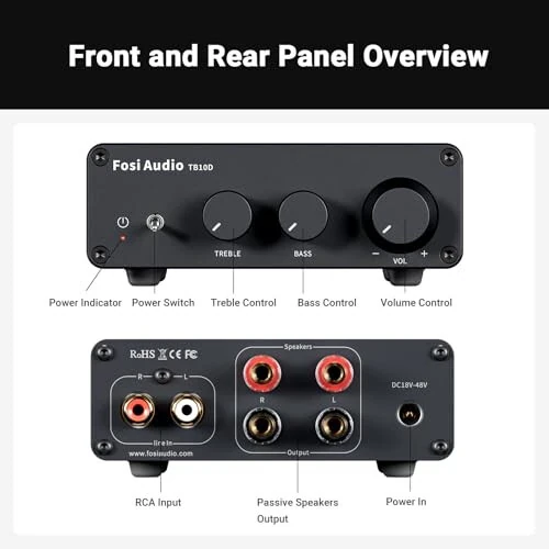 Fosi Audio TB10D 2 kanalli stereo kuchaytirgich, D klassli mini quvvatli integratsiyalashgan kuchaytirgichlar passiv dinamiklar/bass chayqovchi uchun 600 Vt, uy audio komponenti ish stoli amp qabul qiluvchi TPA3255 bass treble boshqaruvi bilan - 4