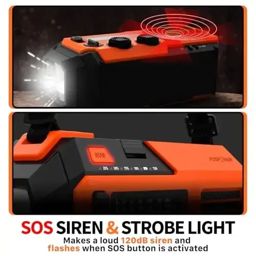 FosPower NOAA Emergency Weather Radio A6 19240mWh Portable Power Bank, AM/FM, USB/Solar/Hand Crank Charging, Battery Operated, SOS Alarm & Flashlight for Indoor/Outdoor Emergency - Orange - 5