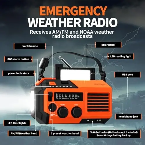 FosPower favqulodda ob-havo radiosi (A6 modeli) NOAA/AM/FM, 19240 mWh portativ quvvat banki, USB/quyosh/qo'lda zaryadlash, batareyali, SOS signal va ichki/tashqi favqulodda vaziyatlar uchun chiroq - Apelsin - MODAZONE (1)
