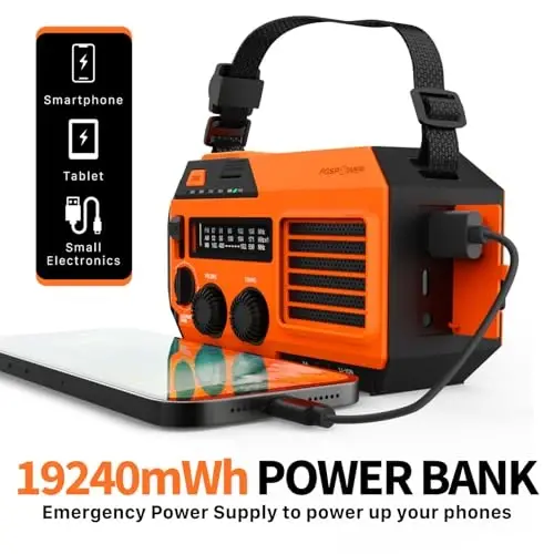 FosPower favqulodda ob-havo radiosi (A6 modeli) NOAA/AM/FM, 19240 mWh portativ quvvat banki, USB/quyosh/qo'lda zaryadlash, batareyali, SOS signal va ichki/tashqi favqulodda vaziyatlar uchun chiroq - Apelsin - 3